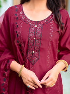 Embroidered Kurta With Pant & Embroidered Cut Work Organza Dupatta, Maroon - Hiral Fashion - Distacart