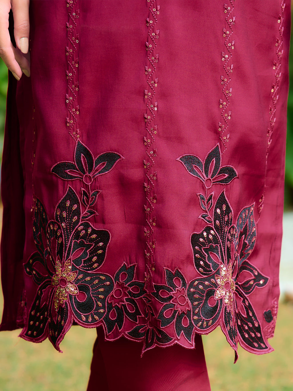 Embroidered Kurta With Pant & Embroidered Cut Work Organza Dupatta, Maroon - Hiral Fashion - Distacart
