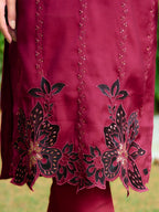 Embroidered Kurta With Pant & Embroidered Cut Work Organza Dupatta, Maroon - Hiral Fashion - Distacart
