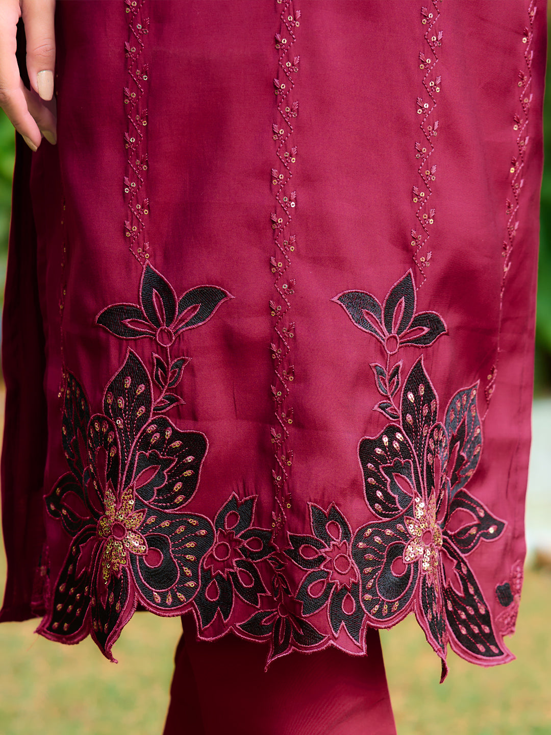 Embroidered Kurta With Pant & Embroidered Cut Work Organza Dupatta, Maroon - Hiral Fashion - Distacart