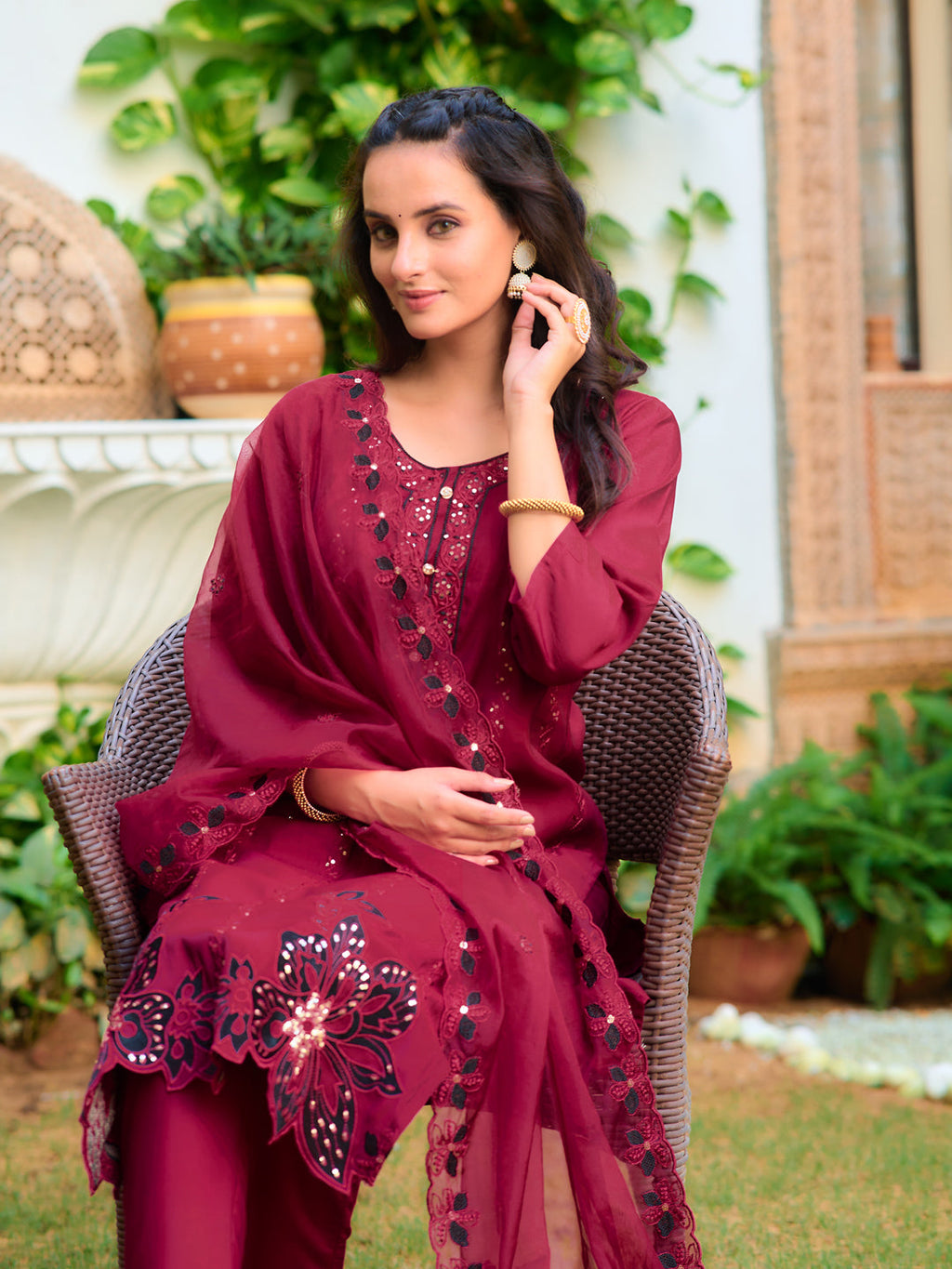 Embroidered Kurta With Pant & Embroidered Cut Work Organza Dupatta, Maroon - Hiral Fashion - Distacart