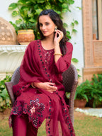 Embroidered Kurta With Pant & Embroidered Cut Work Organza Dupatta, Maroon - Hiral Fashion - Distacart