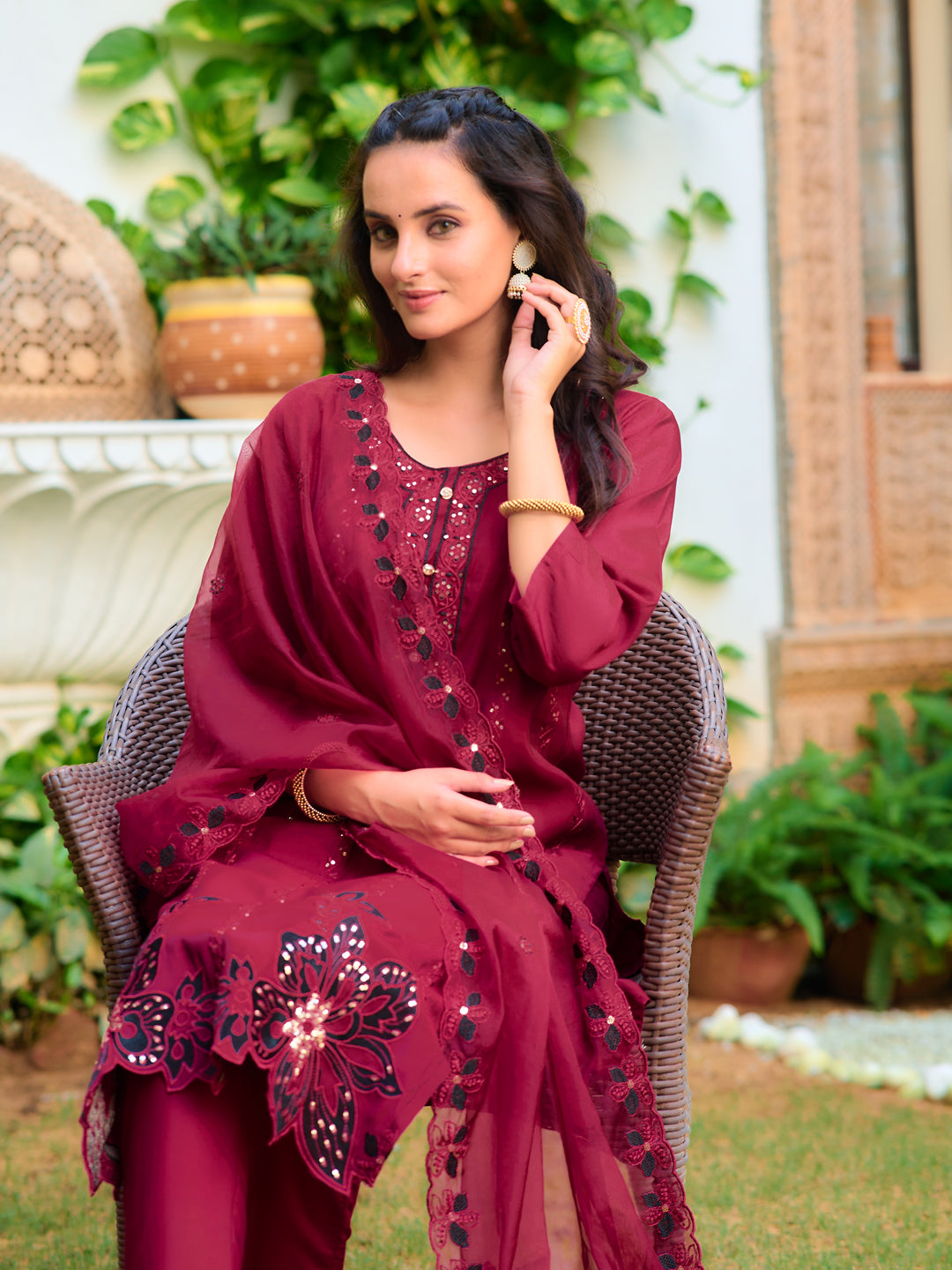 Embroidered Kurta With Pant & Embroidered Cut Work Organza Dupatta, Maroon - Hiral Fashion - Distacart