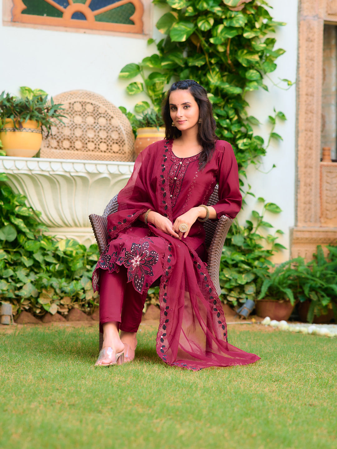 Embroidered Kurta With Pant & Embroidered Cut Work Organza Dupatta, Maroon - Hiral Fashion - Distacart