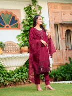 Embroidered Kurta With Pant & Embroidered Cut Work Organza Dupatta, Maroon - Hiral Fashion - Distacart
