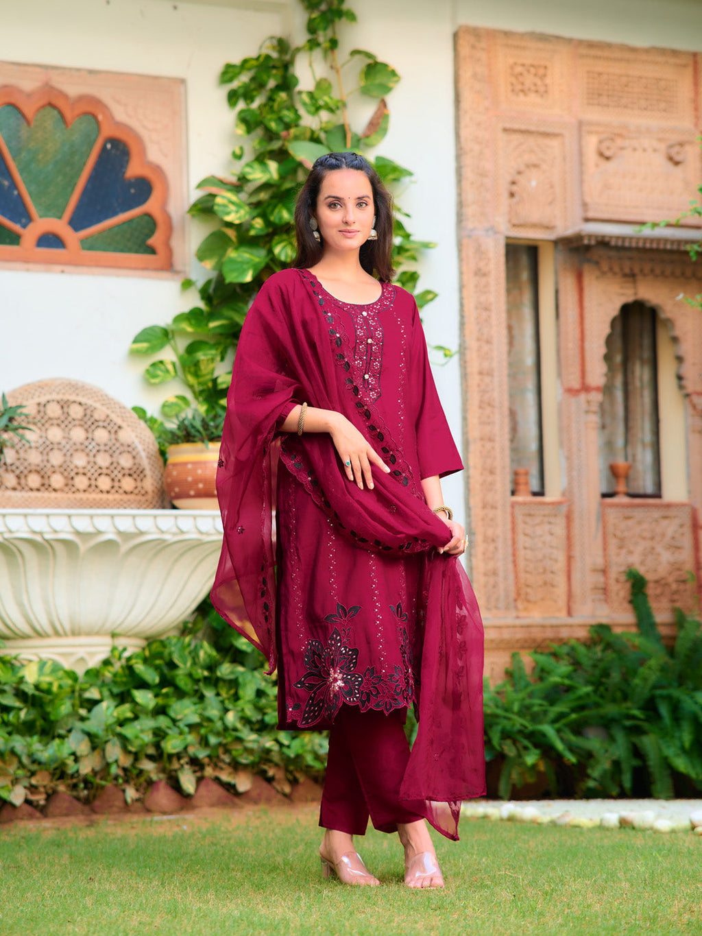 Embroidered Kurta With Pant & Embroidered Cut Work Organza Dupatta, Maroon - Hiral Fashion - Distacart