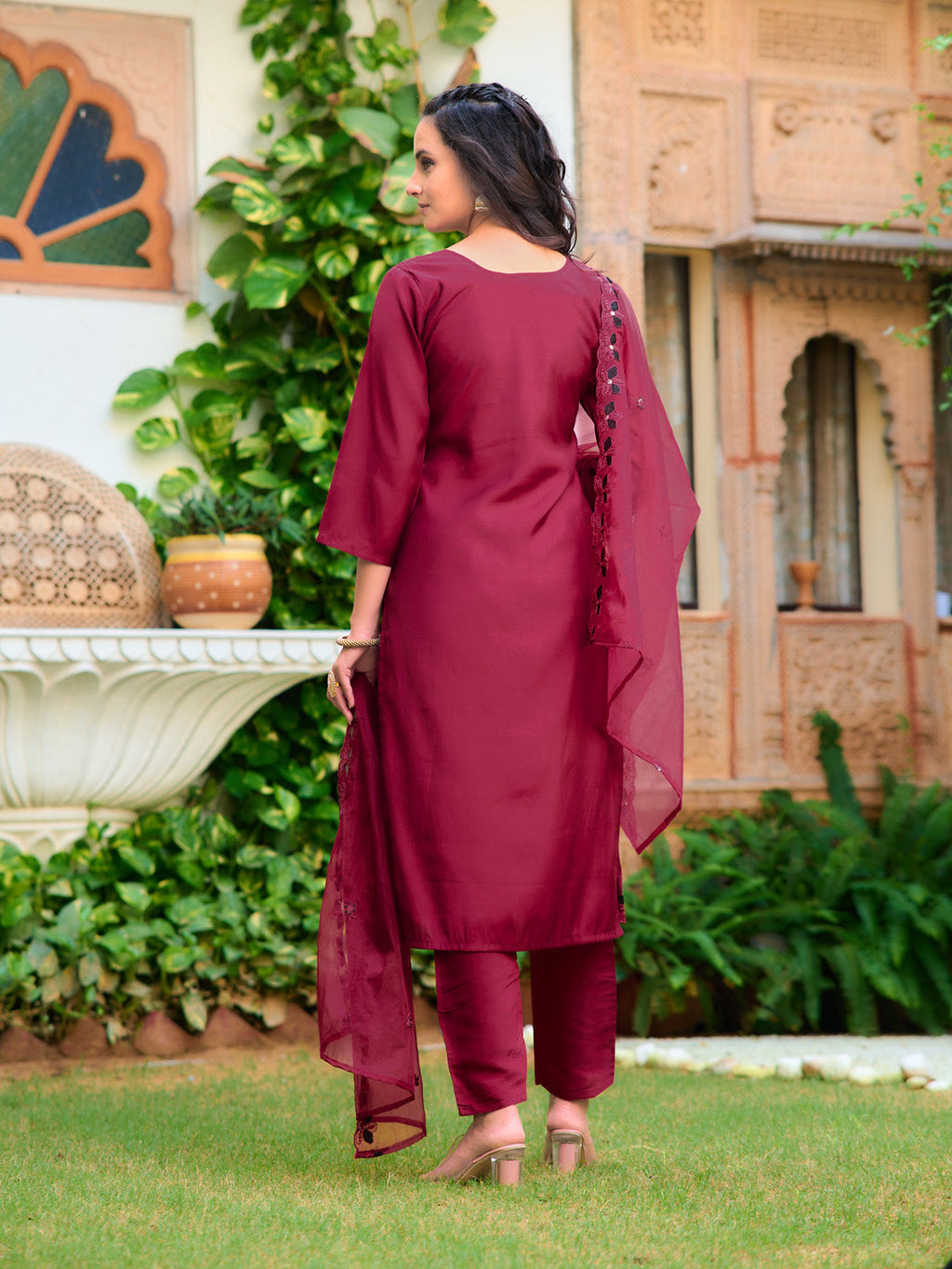 Embroidered Kurta With Pant & Embroidered Cut Work Organza Dupatta, Maroon - Hiral Fashion - Distacart