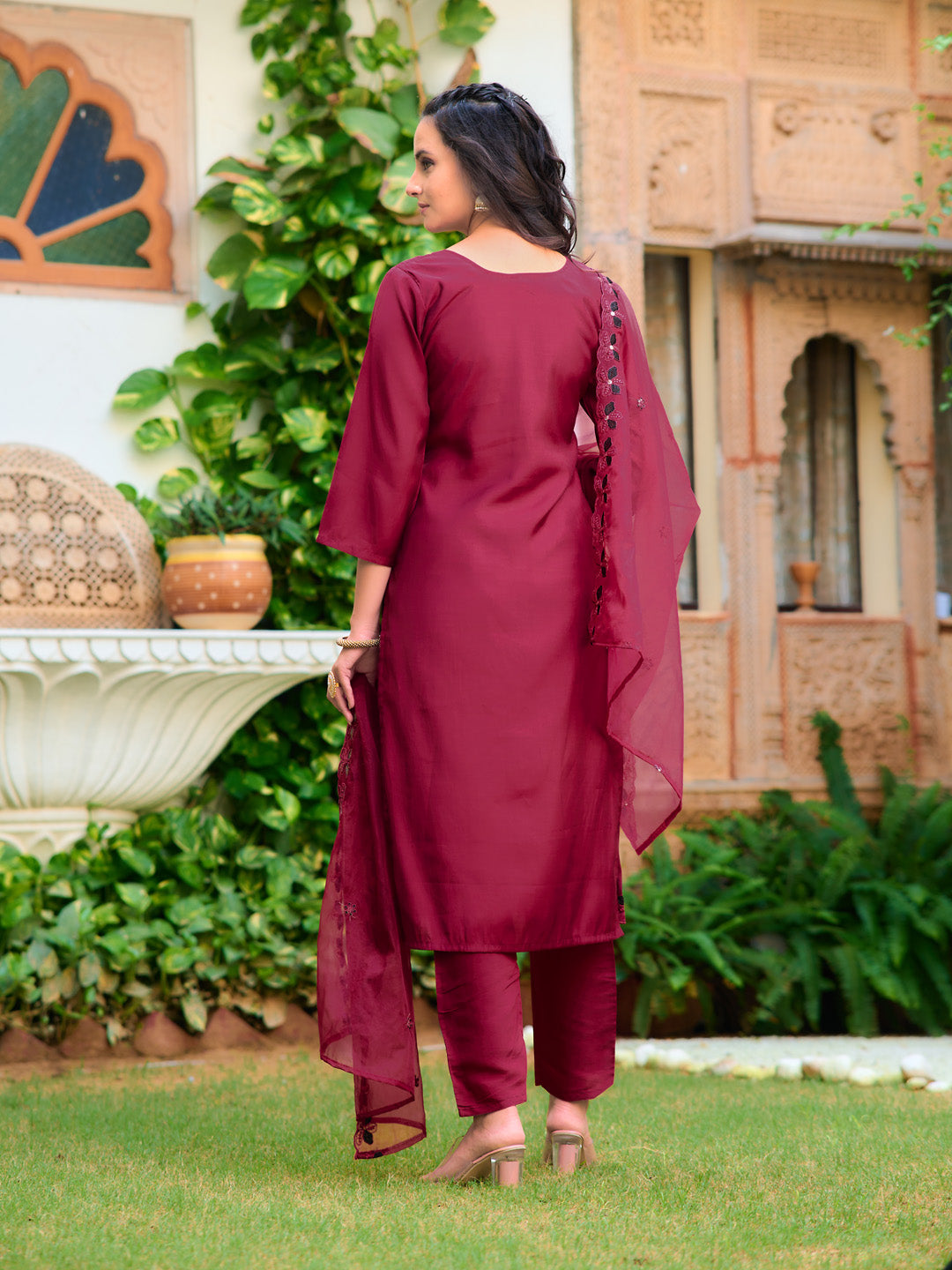 Embroidered Kurta With Pant & Embroidered Cut Work Organza Dupatta, Maroon - Hiral Fashion - Distacart