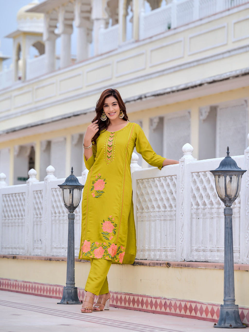 Mirror Embroidered Kurta With Pant & Embroidered Organza Dupatta, Yellow - Hiral Fashion - Distacart