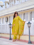 Mirror Embroidered Kurta With Pant & Embroidered Organza Dupatta, Yellow - Hiral Fashion - Distacart
