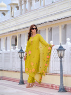Mirror Embroidered Kurta With Pant & Embroidered Organza Dupatta, Yellow - Hiral Fashion - Distacart