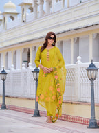Mirror Embroidered Kurta With Pant & Embroidered Organza Dupatta, Yellow - Hiral Fashion - Distacart