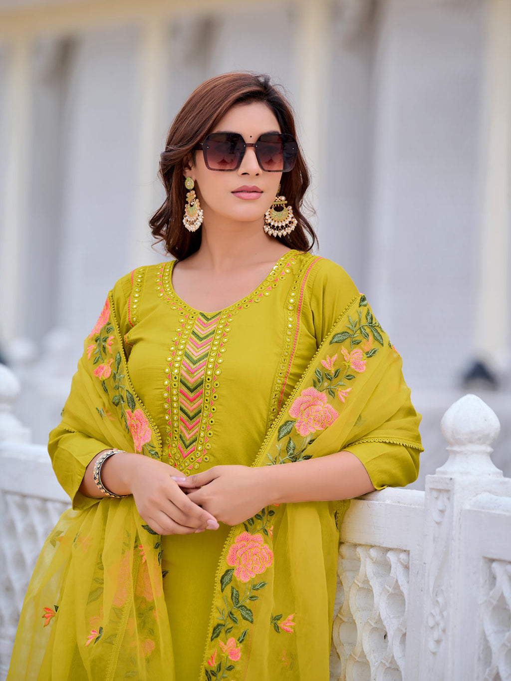 Mirror Embroidered Kurta With Pant & Embroidered Organza Dupatta, Yellow - Hiral Fashion - Distacart