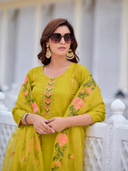 Mirror Embroidered Kurta With Pant & Embroidered Organza Dupatta, Yellow - Hiral Fashion - Distacart