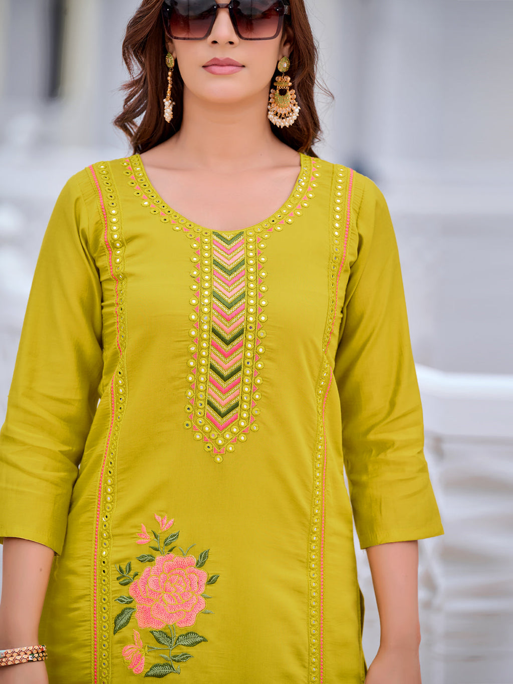Mirror Embroidered Kurta With Pant & Embroidered Organza Dupatta, Yellow - Hiral Fashion - Distacart