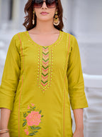 Mirror Embroidered Kurta With Pant & Embroidered Organza Dupatta, Yellow - Hiral Fashion - Distacart