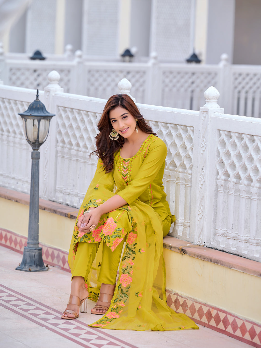 Mirror Embroidered Kurta With Pant & Embroidered Organza Dupatta, Yellow - Hiral Fashion - Distacart