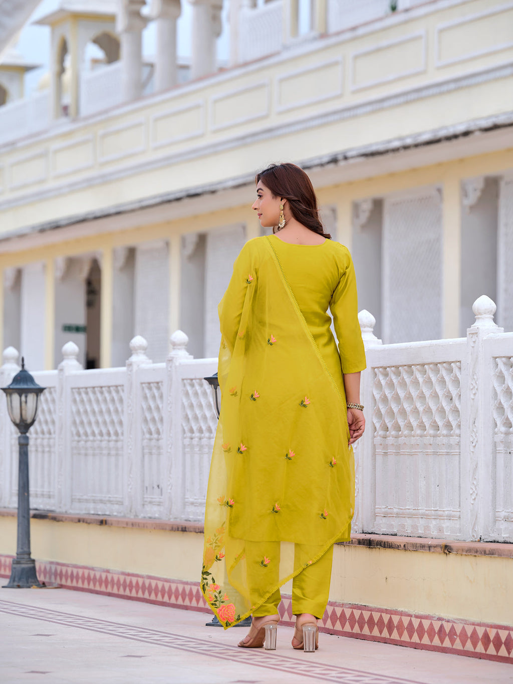Mirror Embroidered Kurta With Pant & Embroidered Organza Dupatta, Yellow - Hiral Fashion - Distacart