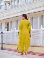 Mirror Embroidered Kurta With Pant & Embroidered Organza Dupatta, Yellow - Hiral Fashion - Distacart