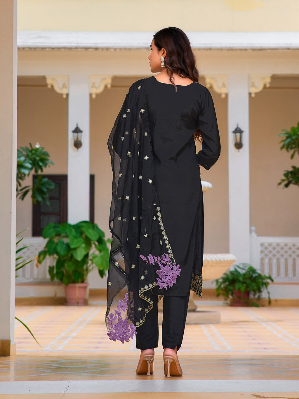 Embroidered Kurta With Pant & Embroidered Organza Dupatta, Black - Hiral Fashion - Distacart