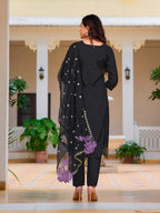Embroidered Kurta With Pant & Embroidered Organza Dupatta, Black - Hiral Fashion - Distacart