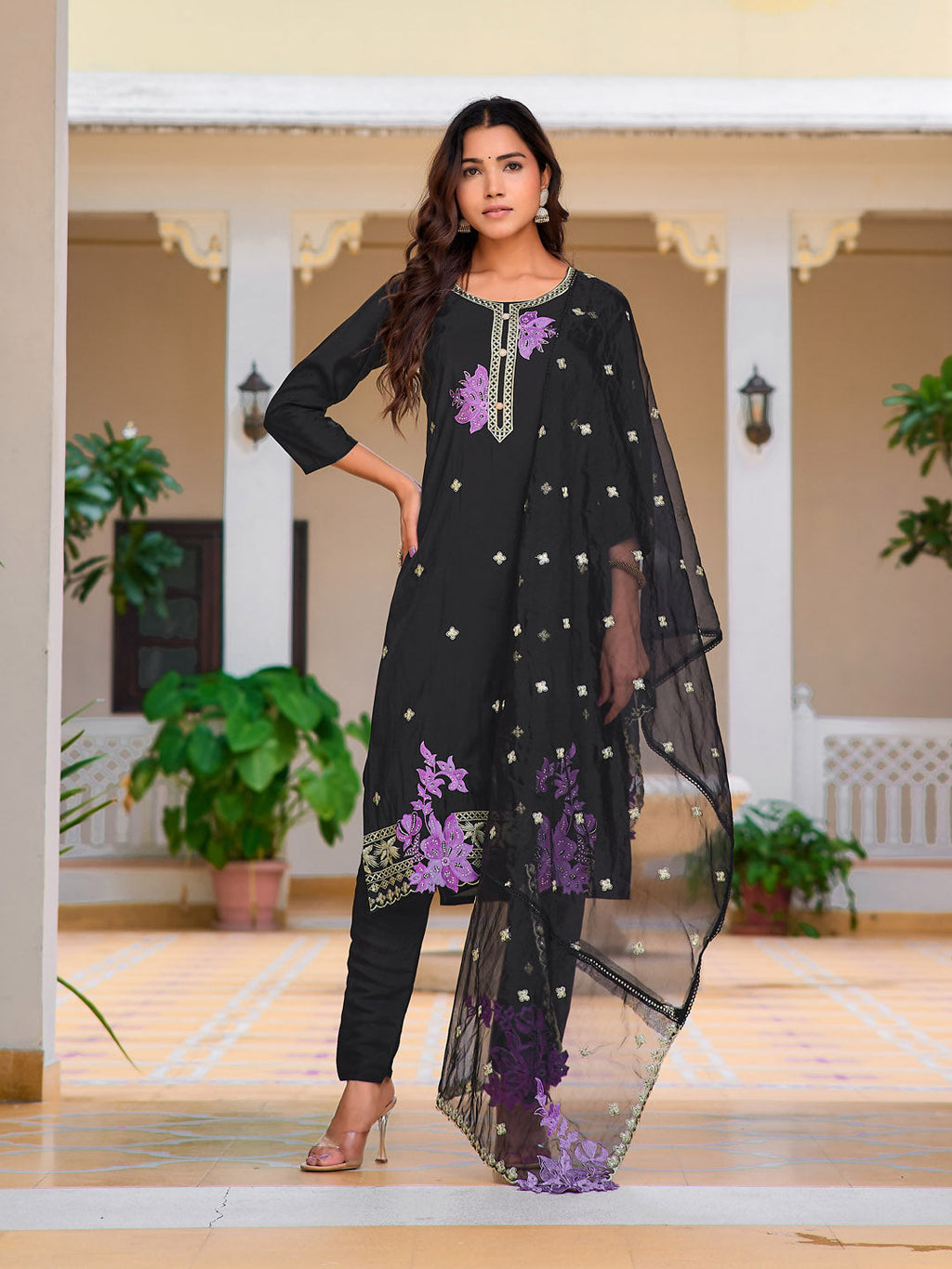 Embroidered Kurta With Pant & Embroidered Organza Dupatta, Black - Hiral Fashion - Distacart