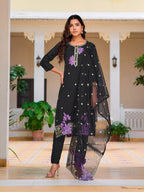 Embroidered Kurta With Pant & Embroidered Organza Dupatta, Black - Hiral Fashion - Distacart