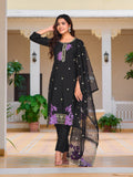 Embroidered Kurta With Pant & Embroidered Organza Dupatta, Black - Hiral Fashion - Distacart