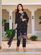 Embroidered Kurta With Pant & Embroidered Organza Dupatta, Black - Hiral Fashion - Distacart
