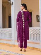 Embroidered Kurta With Pant & Embroidered Organza Dupatta, Purple - Hiral Fashion - Distacart