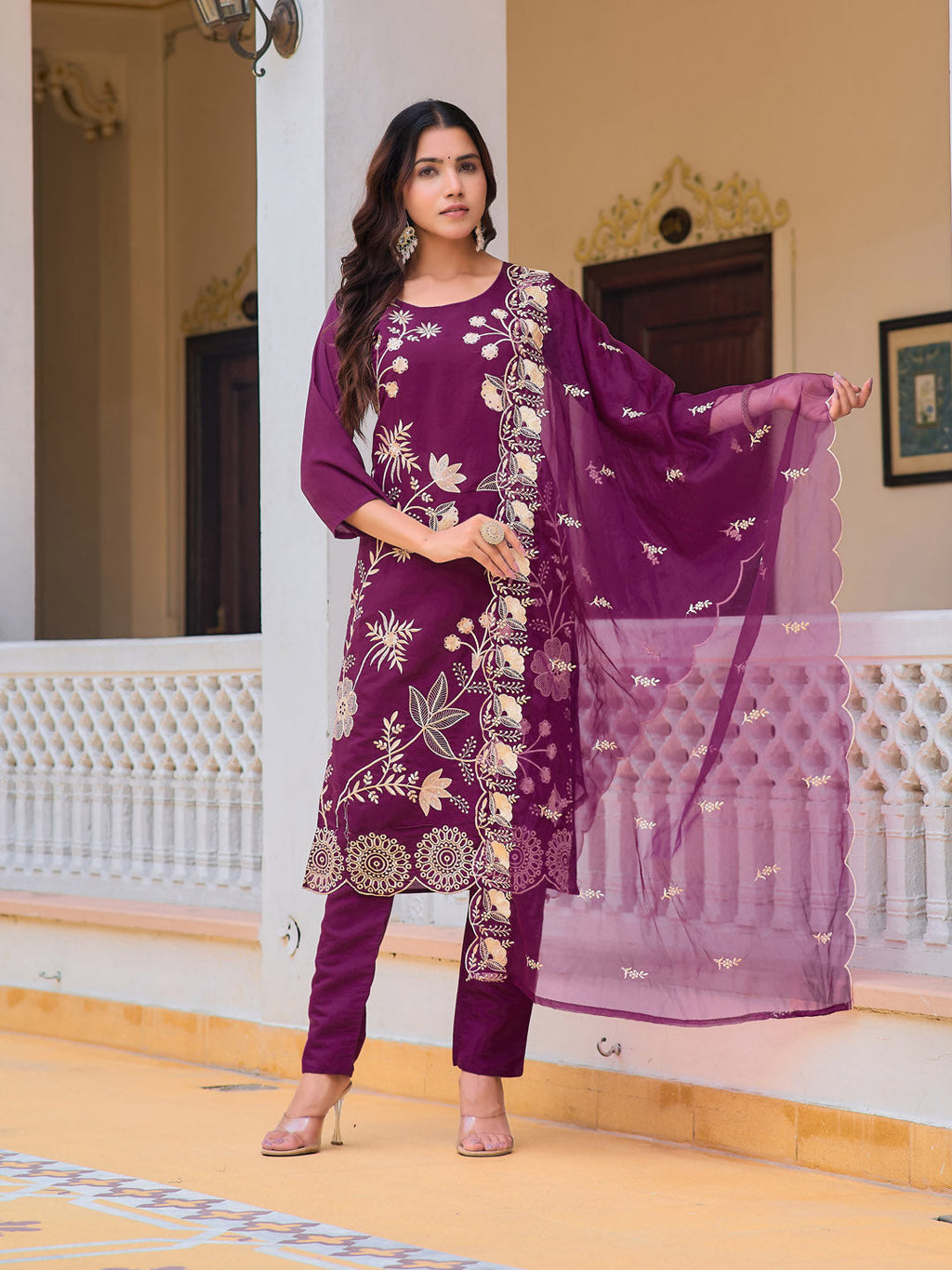 Embroidered Kurta With Pant & Embroidered Organza Dupatta, Purple - Hiral Fashion - Distacart