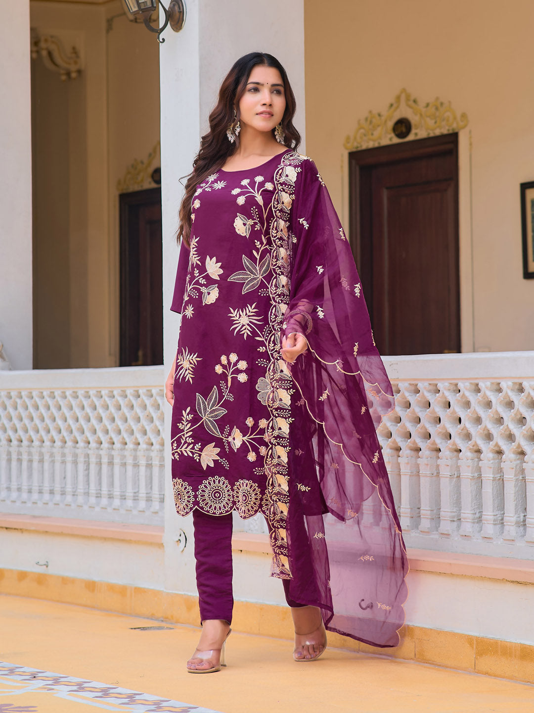 Embroidered Kurta With Pant & Embroidered Organza Dupatta, Purple - Hiral Fashion - Distacart