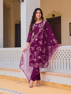 Embroidered Kurta With Pant & Embroidered Organza Dupatta, Purple - Hiral Fashion - Distacart