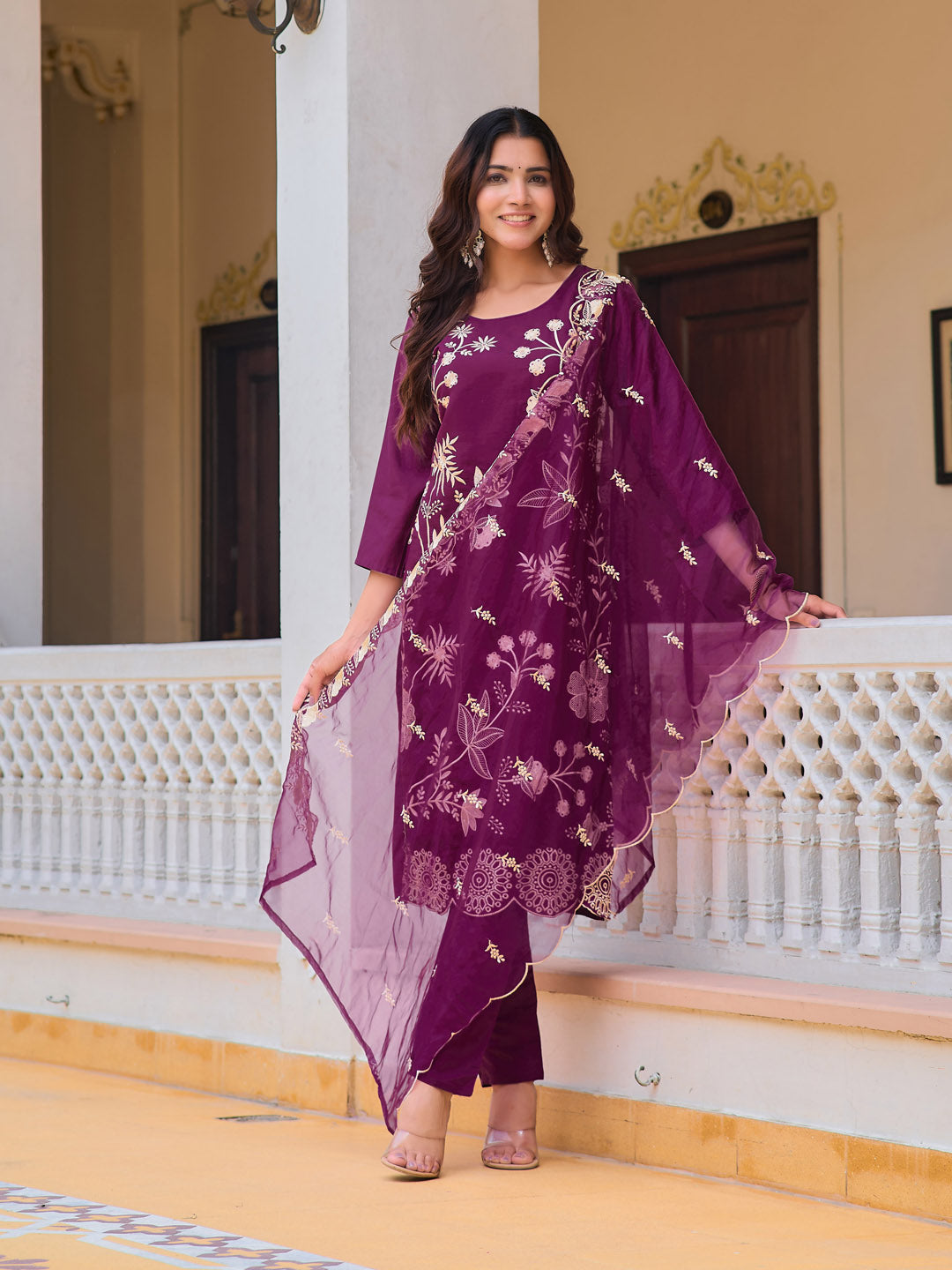 Embroidered Kurta With Pant & Embroidered Organza Dupatta, Purple - Hiral Fashion - Distacart