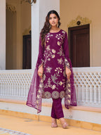 Embroidered Kurta With Pant & Embroidered Organza Dupatta, Purple - Hiral Fashion - Distacart