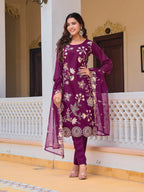 Embroidered Kurta With Pant & Embroidered Organza Dupatta, Purple - Hiral Fashion - Distacart