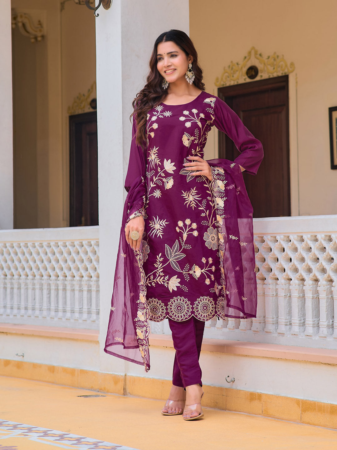 Embroidered Kurta With Pant & Embroidered Organza Dupatta, Purple - Hiral Fashion - Distacart