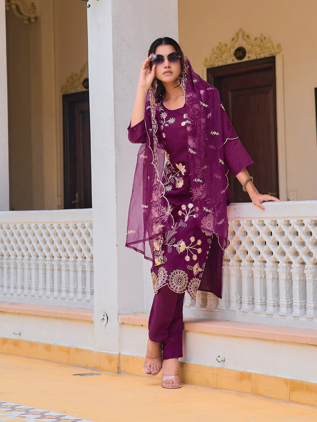 Embroidered Kurta With Pant & Embroidered Organza Dupatta, Purple - Hiral Fashion - Distacart