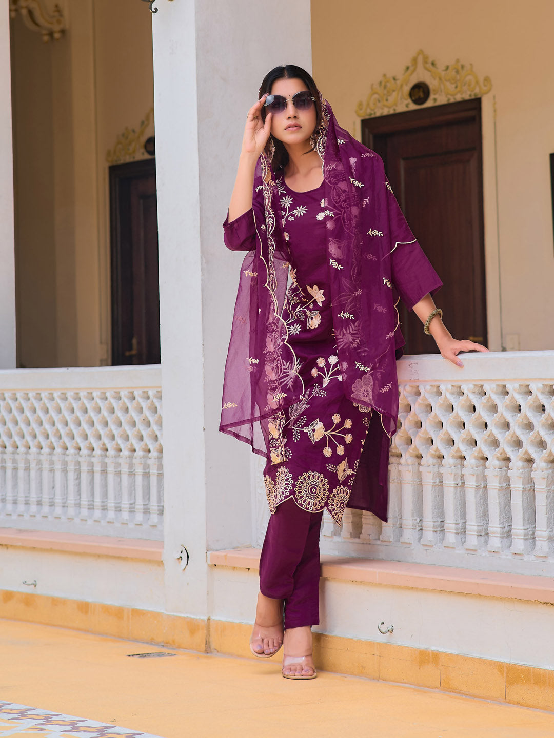 Embroidered Kurta With Pant & Embroidered Organza Dupatta, Purple - Hiral Fashion - Distacart