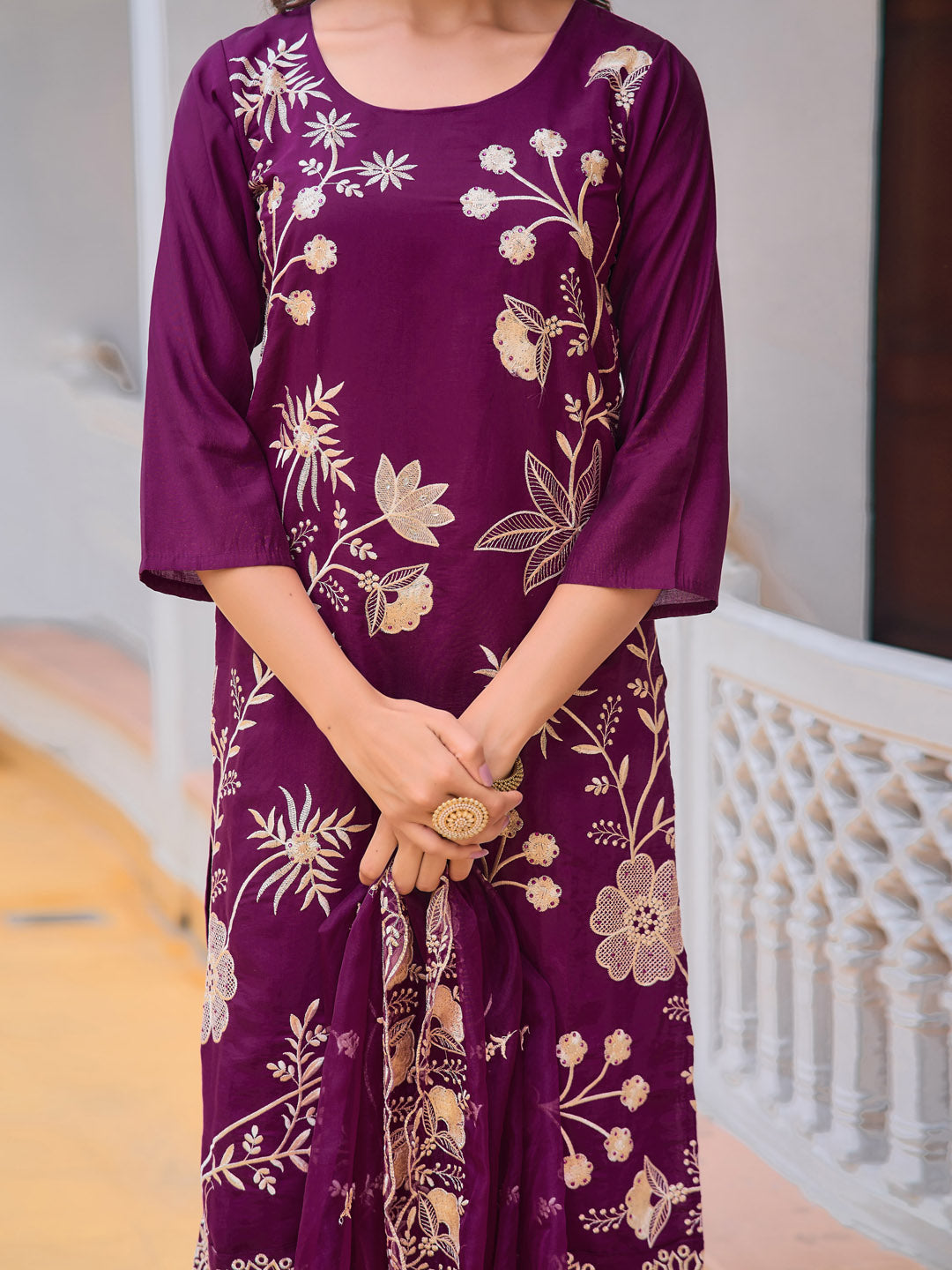 Embroidered Kurta With Pant & Embroidered Organza Dupatta, Purple - Hiral Fashion - Distacart