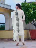 Embroidered Kurta With Pant & Embroidered Cut Work Organza Dupatta, White - Hiral Fashion - Distacart