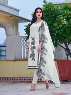 Embroidered Kurta With Pant & Embroidered Cut Work Organza Dupatta, White - Hiral Fashion - Distacart