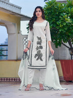 Embroidered Kurta With Pant & Embroidered Cut Work Organza Dupatta, White - Hiral Fashion - Distacart