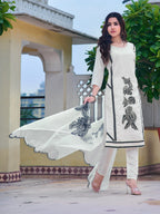Embroidered Kurta With Pant & Embroidered Cut Work Organza Dupatta, White - Hiral Fashion - Distacart