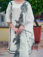 Embroidered Kurta With Pant & Embroidered Cut Work Organza Dupatta, White - Hiral Fashion - Distacart