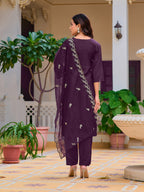 Hand Embroidered Kurta With Pant & Embroidered Cut Work Organza Dupatta, Wine - Hiral Fashion - Distacart