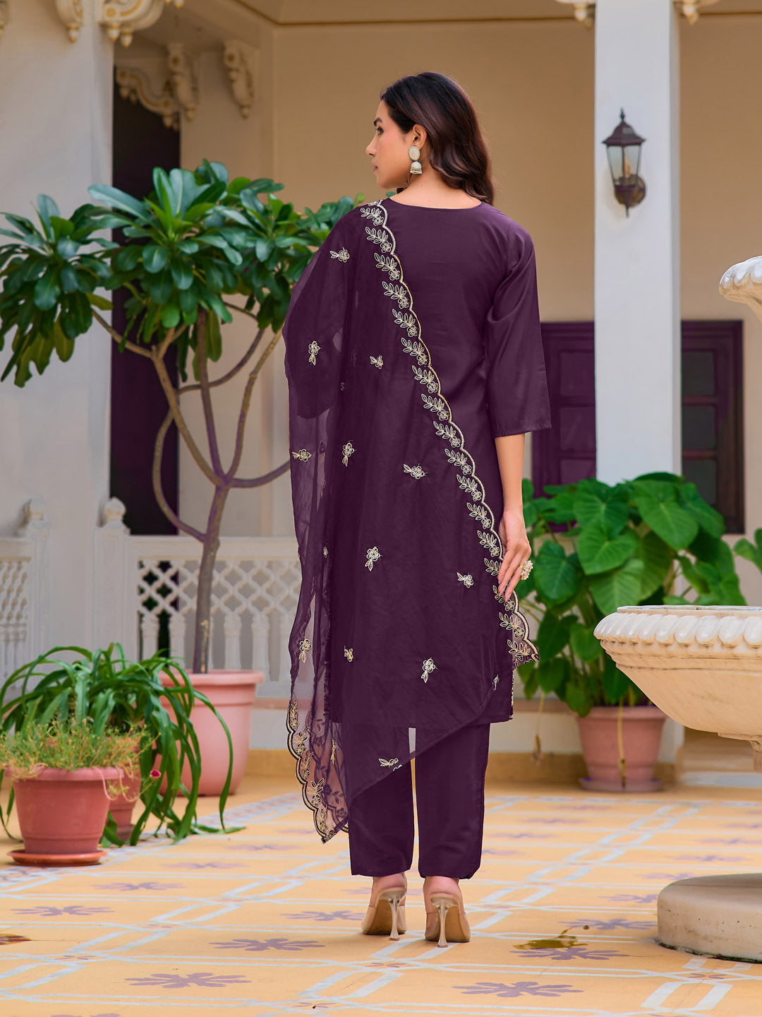 Hand Embroidered Kurta With Pant & Embroidered Cut Work Organza Dupatta, Wine - Hiral Fashion - Distacart