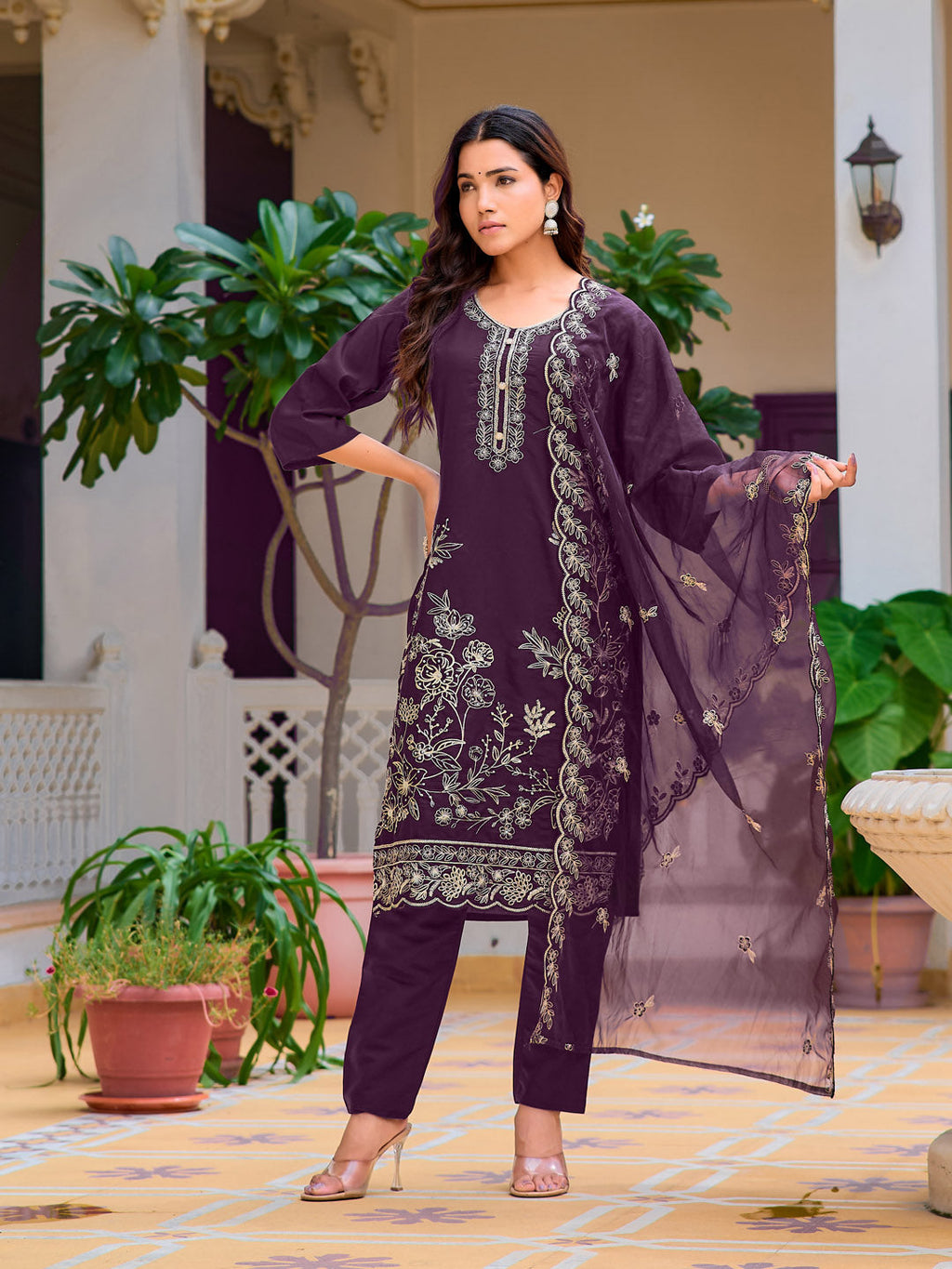 Hand Embroidered Kurta With Pant & Embroidered Cut Work Organza Dupatta, Wine - Hiral Fashion - Distacart