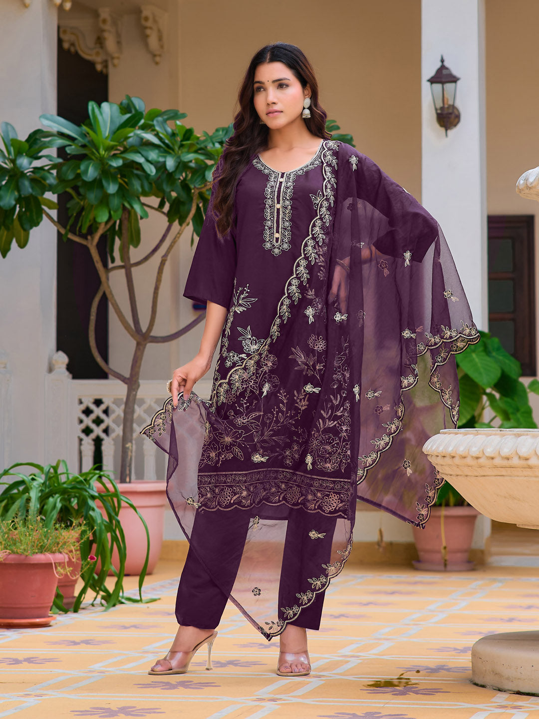 Hand Embroidered Kurta With Pant & Embroidered Cut Work Organza Dupatta, Wine - Hiral Fashion - Distacart