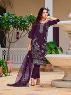 Hand Embroidered Kurta With Pant & Embroidered Cut Work Organza Dupatta, Wine - Hiral Fashion - Distacart